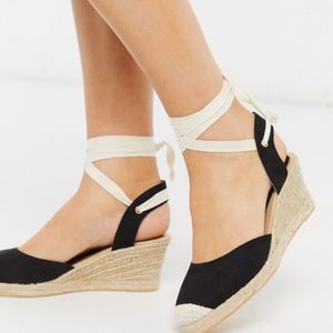 Wide fit heeled tie leg espadrille wedges